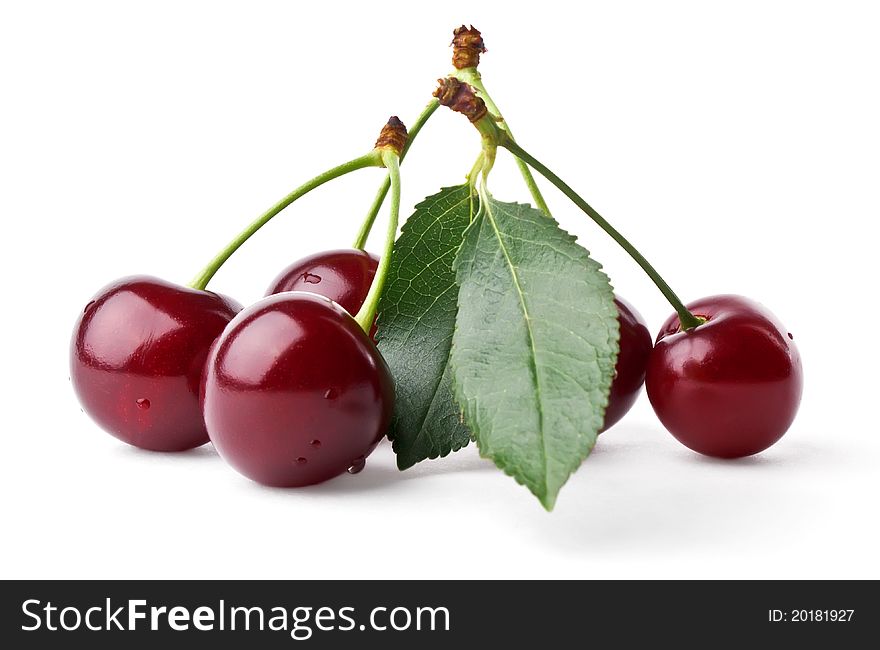 Fresh cherries with leaf isolated on white background