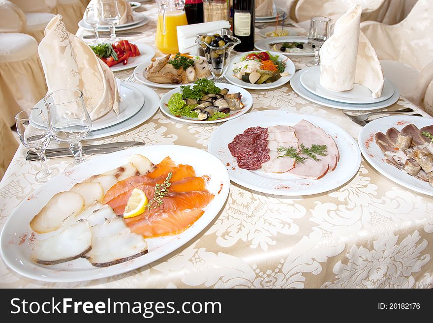 Food at banquet table. wedding