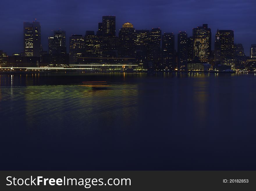 Boston Skyline Across Harbor At Night