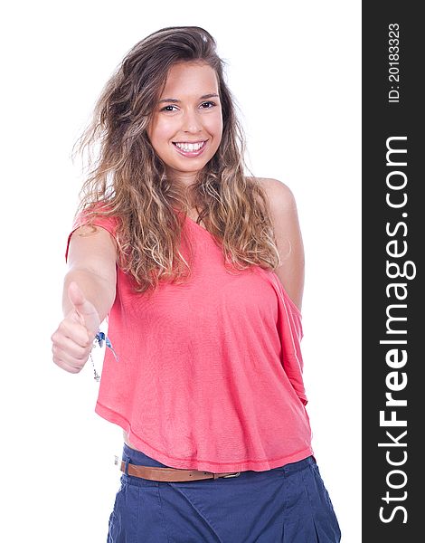 Young and beautiful teenage woman with thumb up