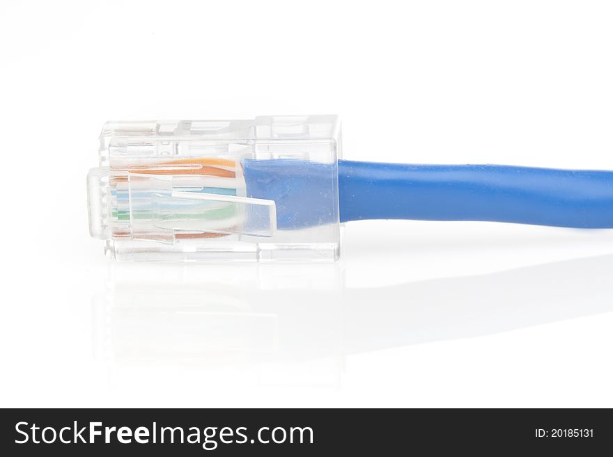 A blue ethernet cable against a white background