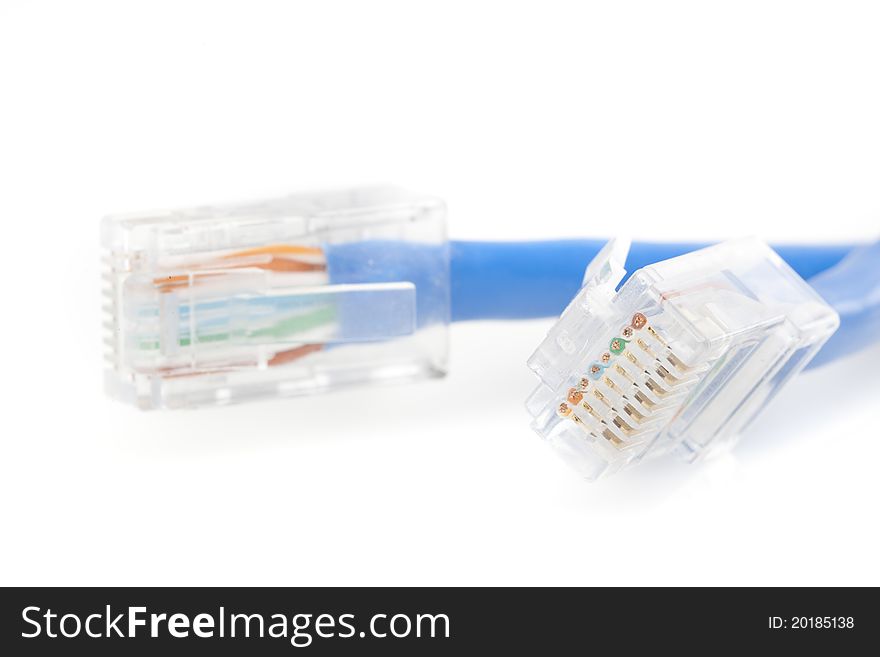 A blue ethernet cable against a white background