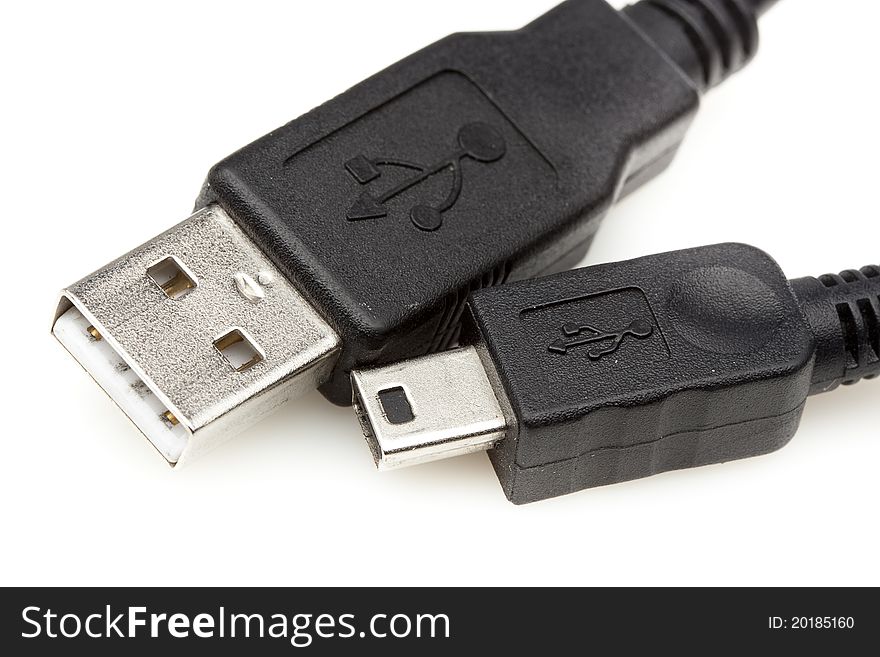 A black mini USB cable against a white background