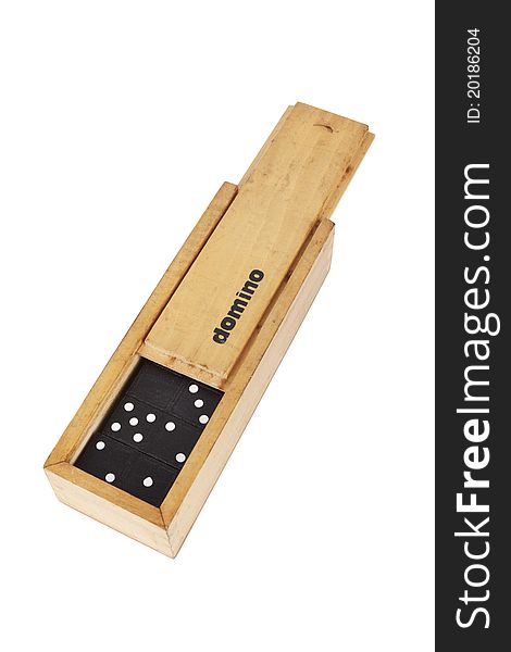 A wooden box of domino with domino game inside. A wooden box of domino with domino game inside.