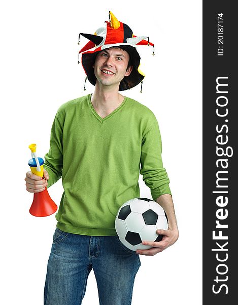 An image of a young man with a ball and a horn. An image of a young man with a ball and a horn