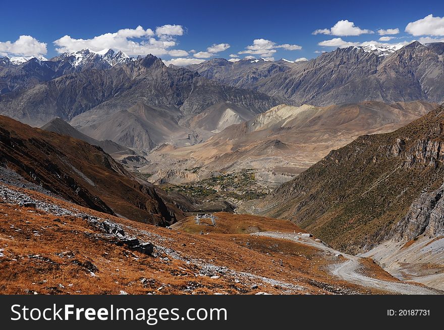 View from Thorung La pass (5416m), Dry mountains landscape, Annapurna circuit trek, Nepal. View from Thorung La pass (5416m), Dry mountains landscape, Annapurna circuit trek, Nepal