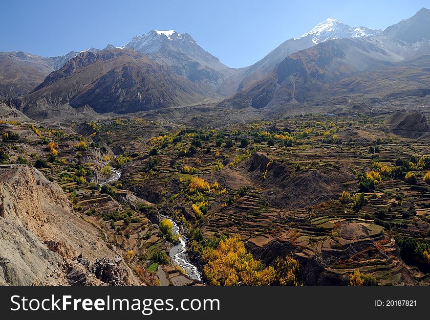 Mountains landscape, Terraced field and village, Annapurna circuit trek, Nepal. Mountains landscape, Terraced field and village, Annapurna circuit trek, Nepal