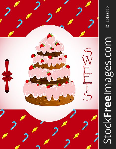 Card with a cake on the background of sweets