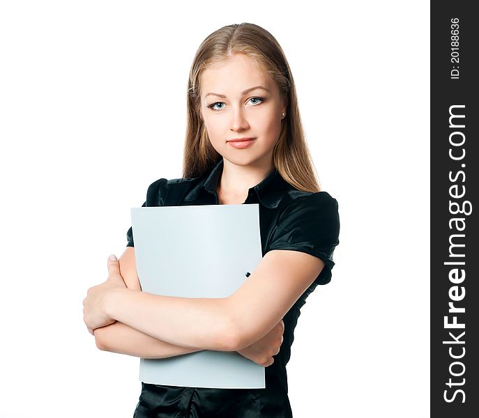 Beautiful young woman with a folder on a white