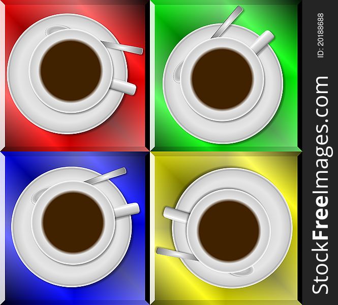 Four white ceramic coffee cups with different color backgrounds