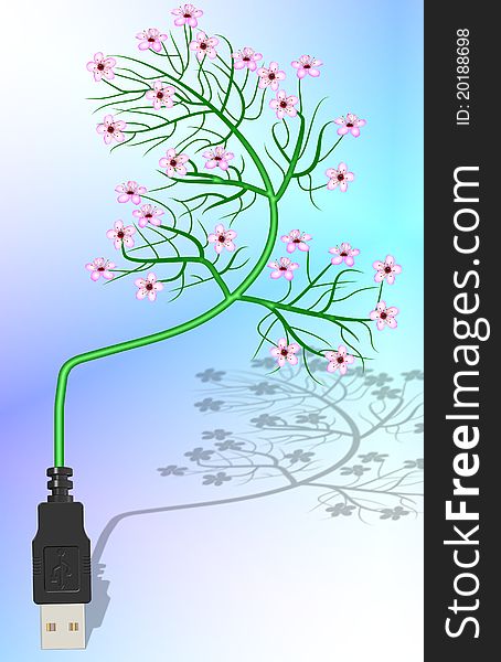 Green tree full of blossom growing from usb plug. Green tree full of blossom growing from usb plug