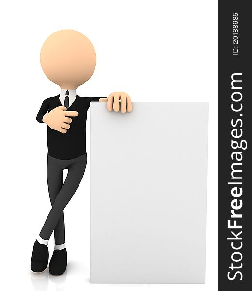 3d businessman wiyh poster over white. computer generated