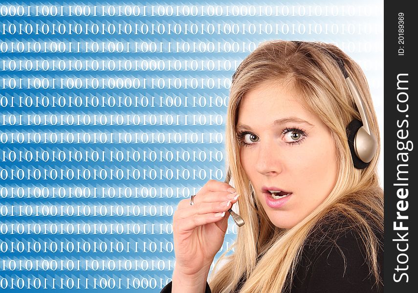 Beautiful blond girl call operator with binary code on background.Symbol of modern communication