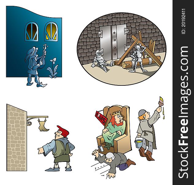 Funny scenes of Middle Ages: serenade of minstrel, castle siege, shoe craftsman and repairs in king’s hall, vector illustration