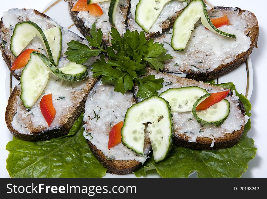 Slice of bread with lard and parsley , ukrainian cuisine