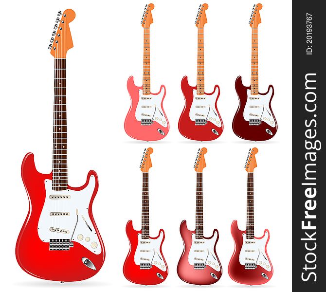 Set of red electric guitars isolated on white background