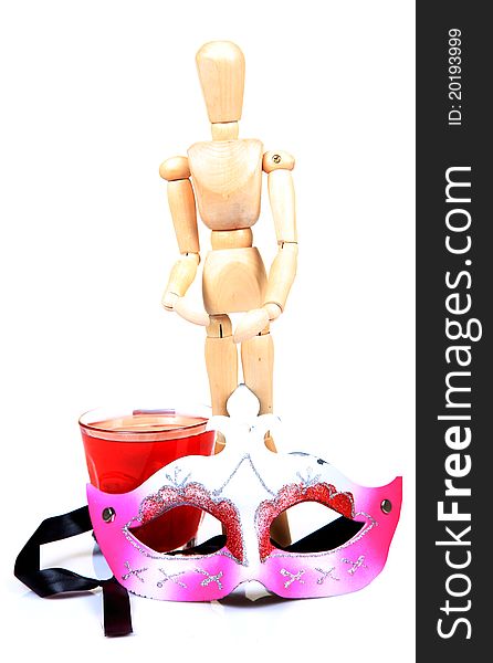 Party mask with drink over white background. Party mask with drink over white background.