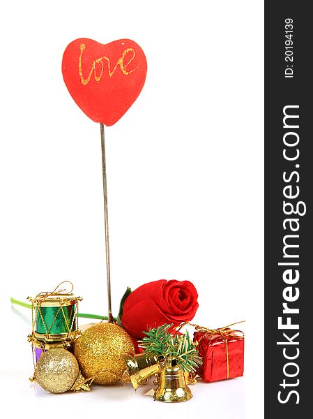 Valentine day gifts and decoration items over white background.