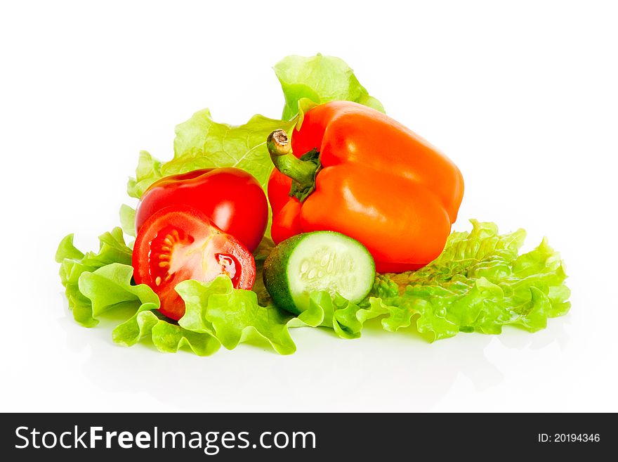 Mix of fresh tomatoes, cucumber and paprika on a leaf of salad isolated on white background with reflection. Mix of fresh tomatoes, cucumber and paprika on a leaf of salad isolated on white background with reflection