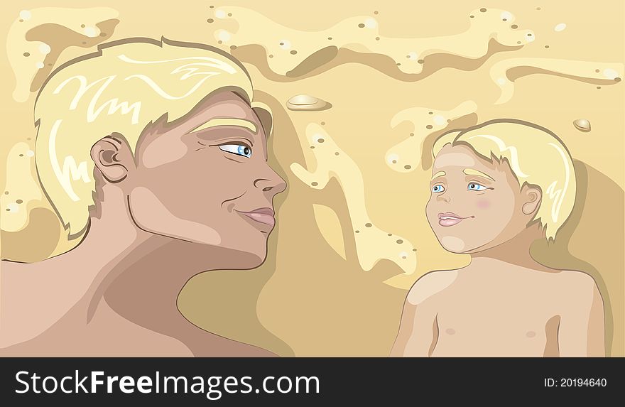 Colourful illustration of happy young dad and little son on the beach. Colourful illustration of happy young dad and little son on the beach