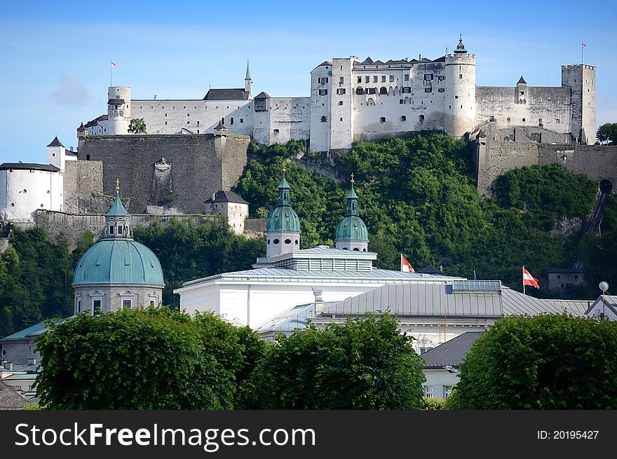 Hohensalzburg Fortress viewed from Mirabell gardens. Hohensalzburg Fortress viewed from Mirabell gardens.