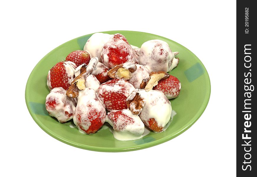 Fresh strawberry in sour cream isolated on a white background. Fresh strawberry in sour cream isolated on a white background.