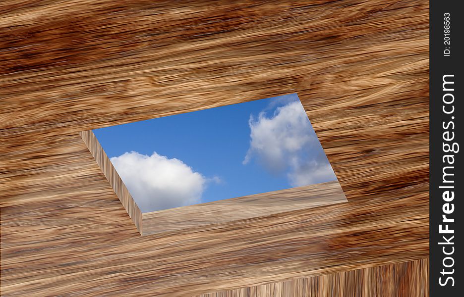 Rectangular opening in wooden ceiling with view of sky. Rectangular opening in wooden ceiling with view of sky