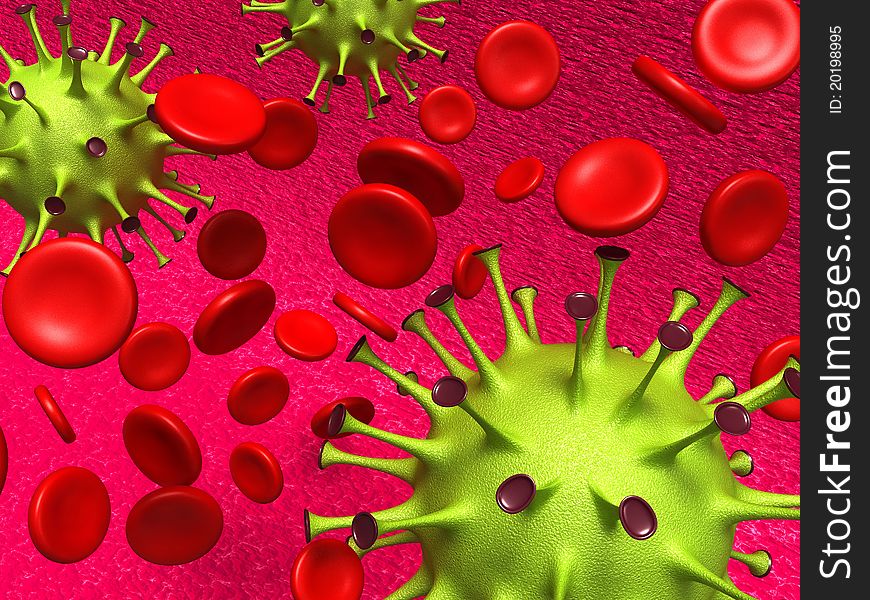 Illustration of VIRUS in 3d on red background