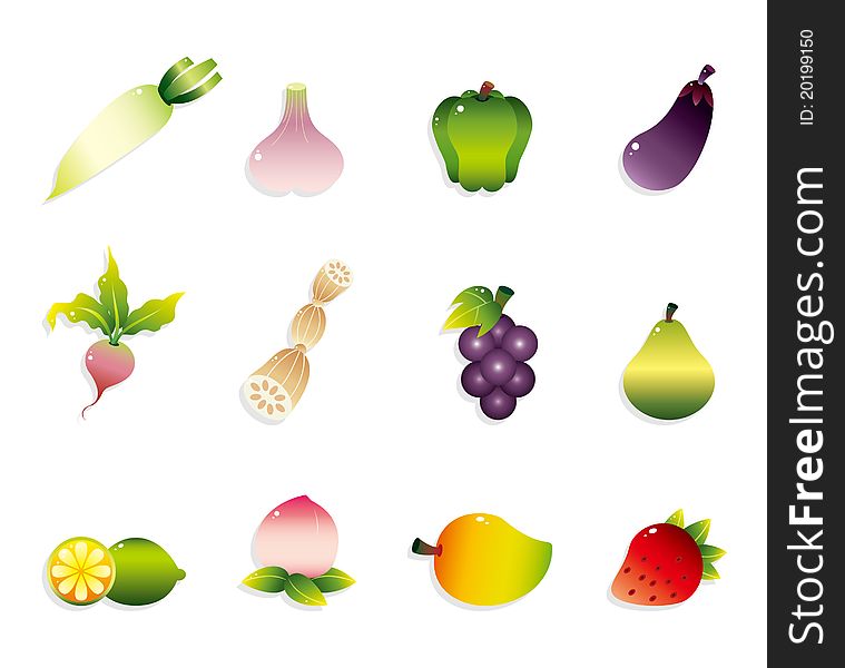 Cartoon Fruits and Vegetables icon set, drawing