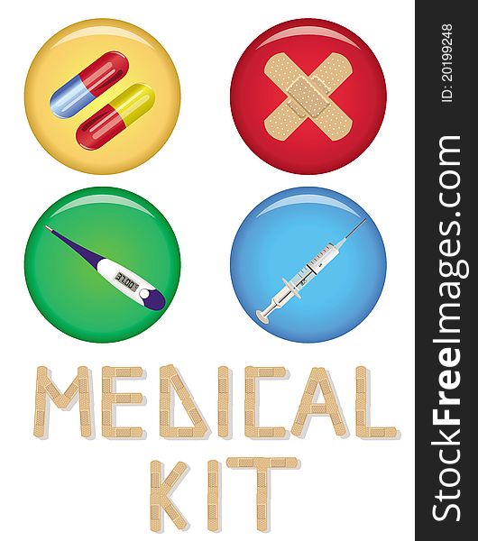 This image represents a set of four medical buttons. This image represents a set of four medical buttons