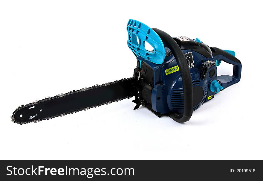 Gasoline chain saw black and blue. logging and forestry workers. very detailed and high resolution.