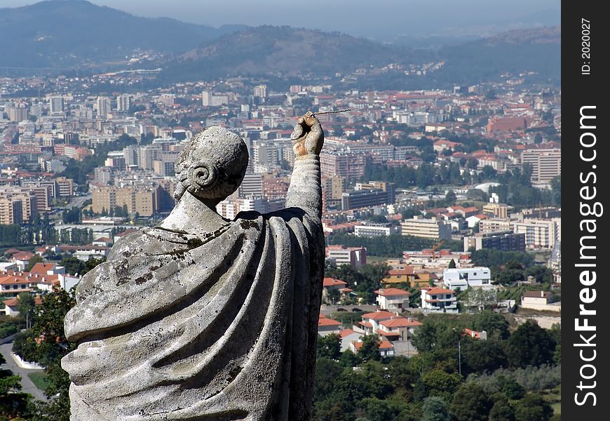 Statue, sculpture, stone, landscape, city, moutains, urban. Statue, sculpture, stone, landscape, city, moutains, urban