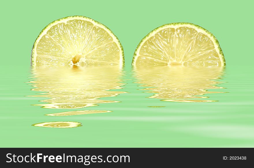 Two limes with water reflection on green background