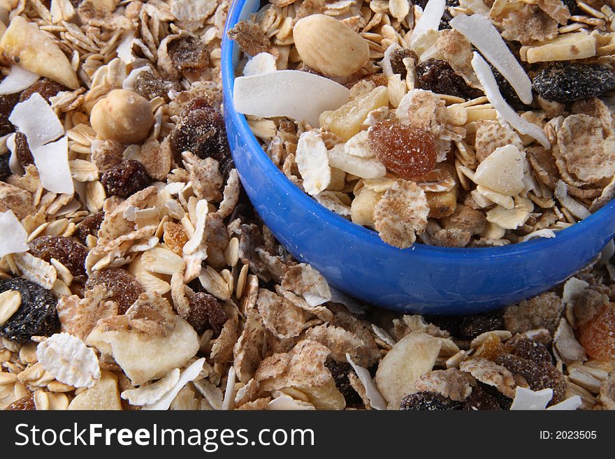 Healthy Muesli For Breakfast In Blue Bowl