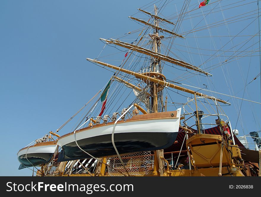 Masts and details of large sail boat against blue sky. Masts and details of large sail boat against blue sky