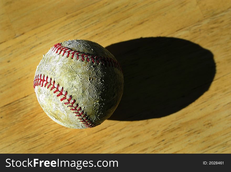 Detail closeup of a worn baseball