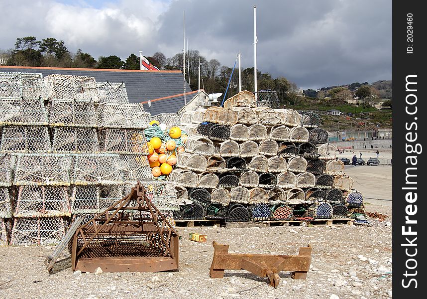 Lobster Pots and Buoys on an English Seaside Beach