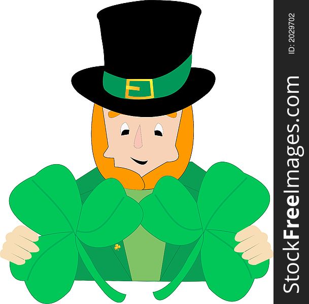 Leprechaun with two shamrocks in hands