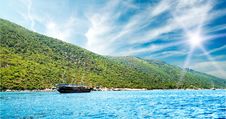 Bay In Aegean Sea And Wooden Yacht. Royalty Free Stock Image