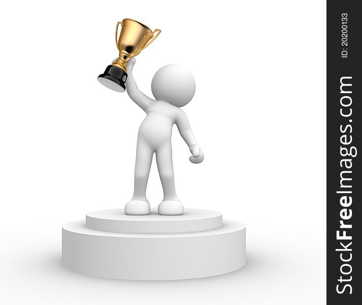 3d people- human character with the cup on the podium  This is a 3d render illustration