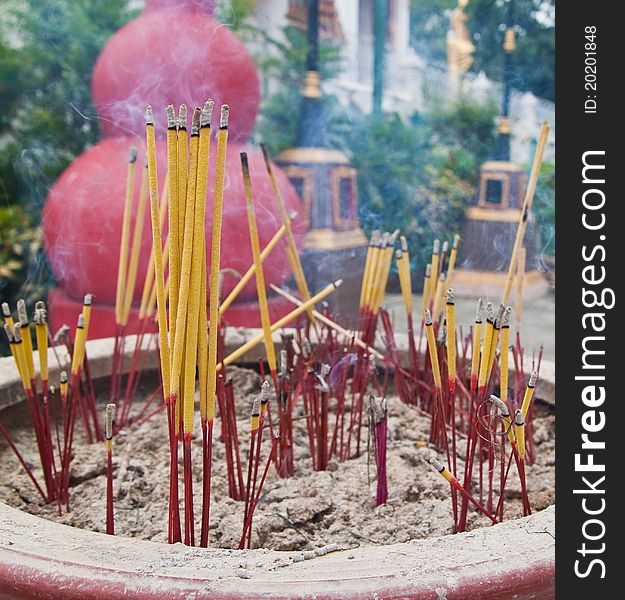 Burned incense sticks in the Incense holder,Thai temple -Thailand. Burned incense sticks in the Incense holder,Thai temple -Thailand