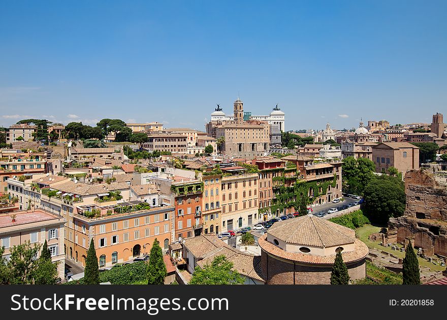 Panoramic view central part of Rome. View from the Palatine Hill. Italy, Europe.