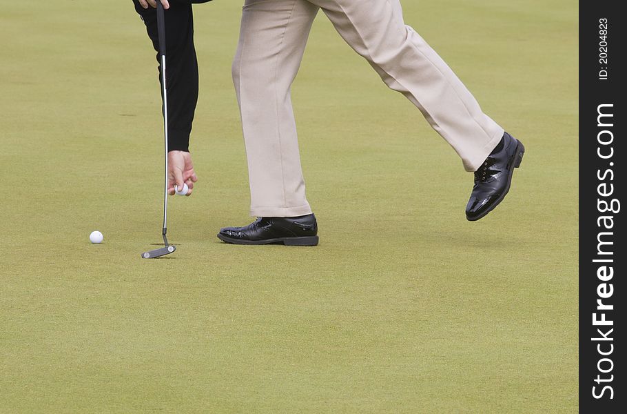 On the putting green taking the ball out of the cup. On the putting green taking the ball out of the cup