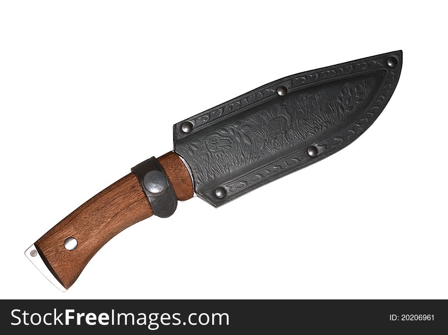 The hunting knife in a leather cover. On a white background. The hunting knife in a leather cover. On a white background