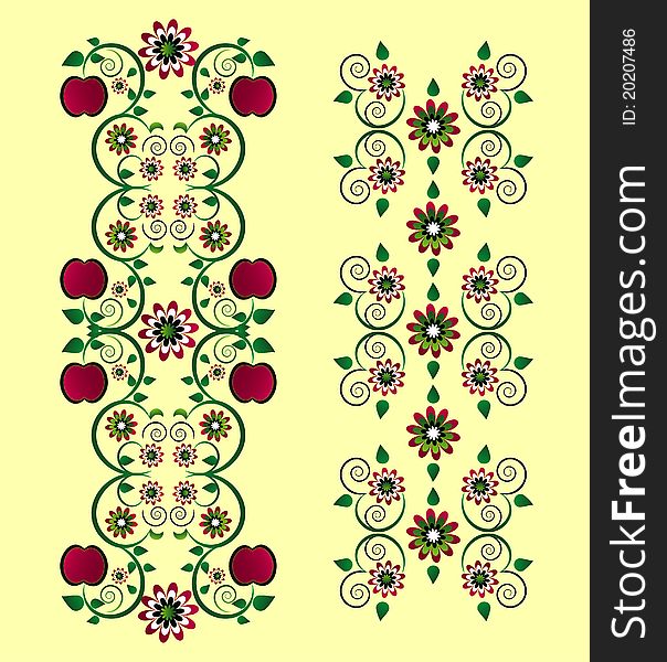 Vertical ornament with apple and flower