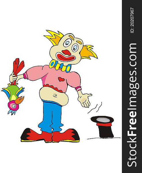 Clown with a parrot and a cylinder on a white background