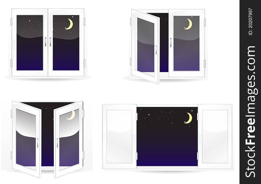 Set of windows with star and moon isolated on white background