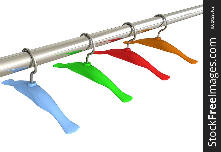 Set of colorful hangers on a metal pipe 3d