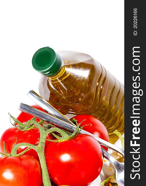 Olive oil bottle isolated on white background, natural ingredients