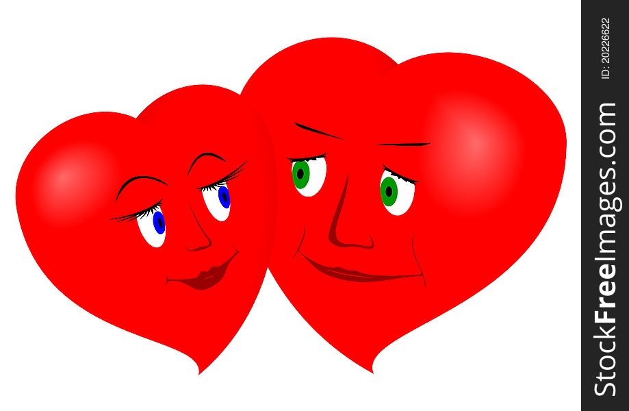 Two stylized hearts of female and male are smiling to each other. Two stylized hearts of female and male are smiling to each other